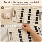 Kind hakt auf der Schnitzeljagd Strand gefundene Motive mit Kreide ab und bleibt unterwegs spielerisch beschäftigt.