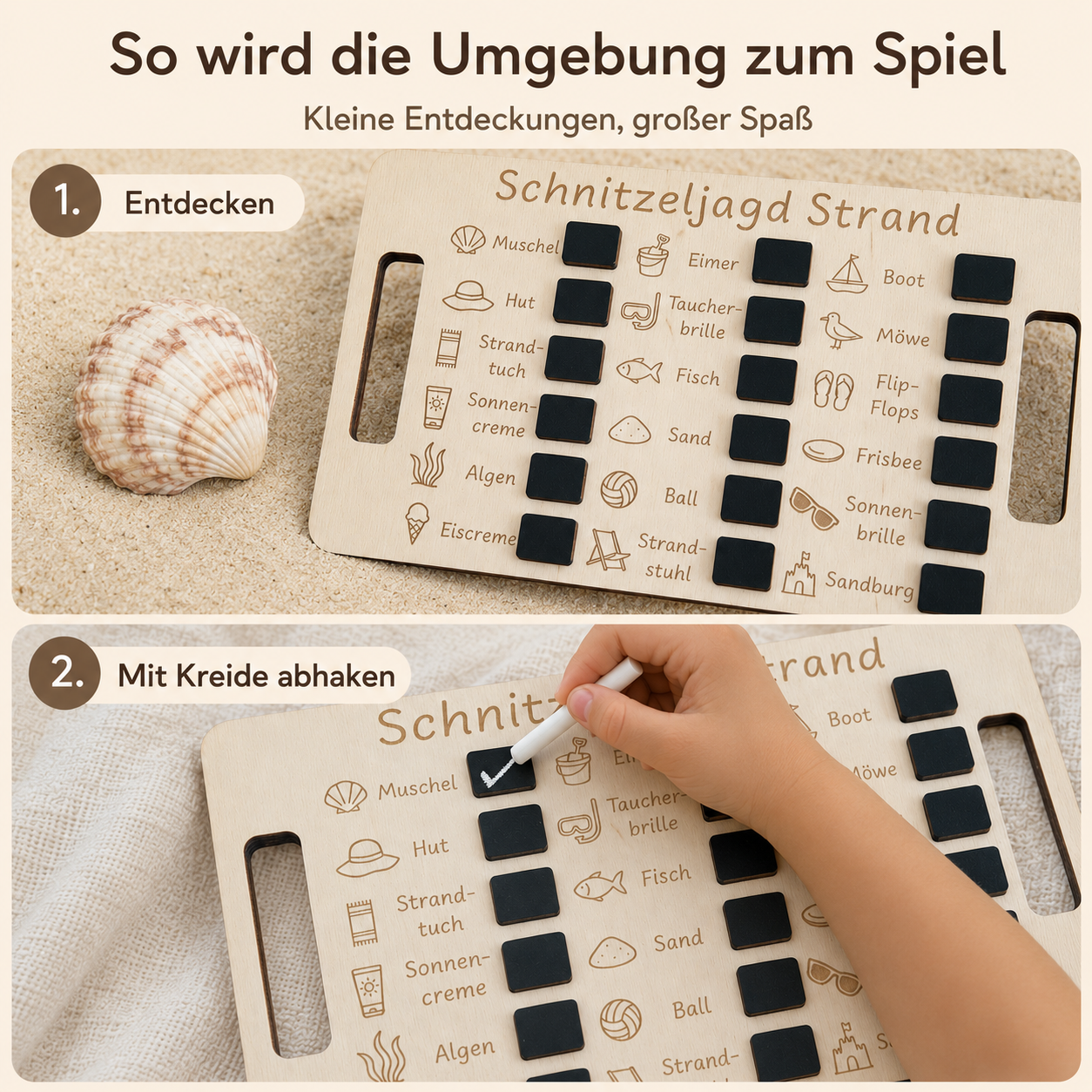 Kind hakt auf der Schnitzeljagd Strand gefundene Motive mit Kreide ab und bleibt unterwegs spielerisch beschäftigt.