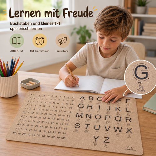 Kind lernt mit einer Schreibtischunterlage aus Kork das Alphabet und kleine Einmaleins am Schreibtisch