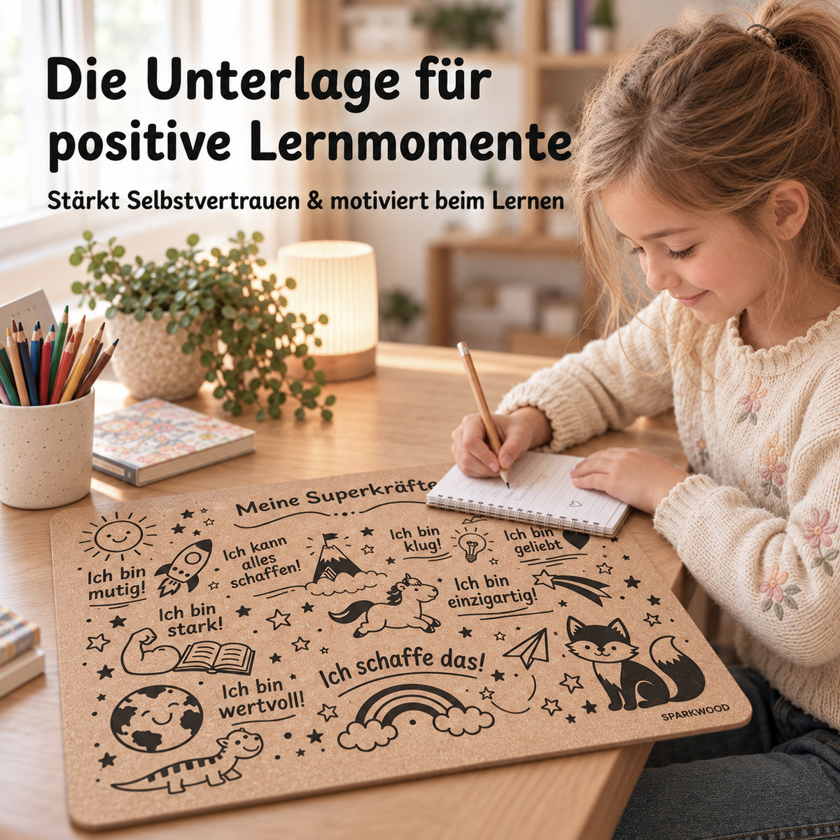 Kind nutzt eine Schreibtischunterlage aus Kork mit Affirmationen