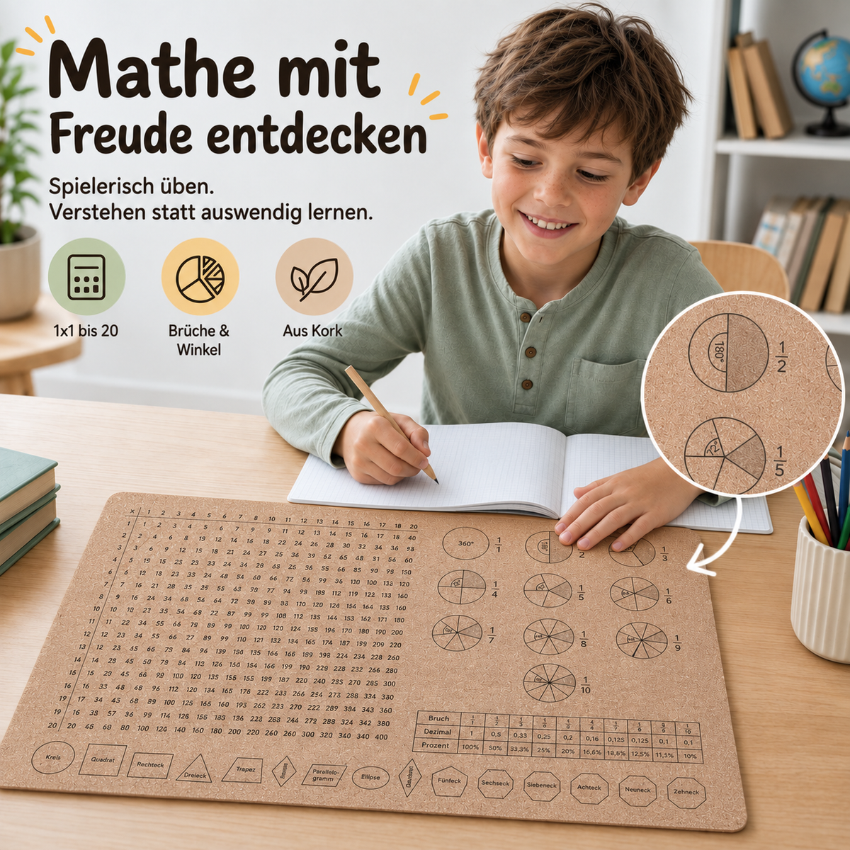 Kind lernt Mathe mit Kork-Schreibtischunterlage für Einmaleins bis 20, Brüche, Winkel und Geometrie