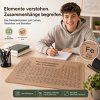 Schüler lernt Chemie mit großer Periodensystem-Schreibtischunterlage aus natürlichem Kork