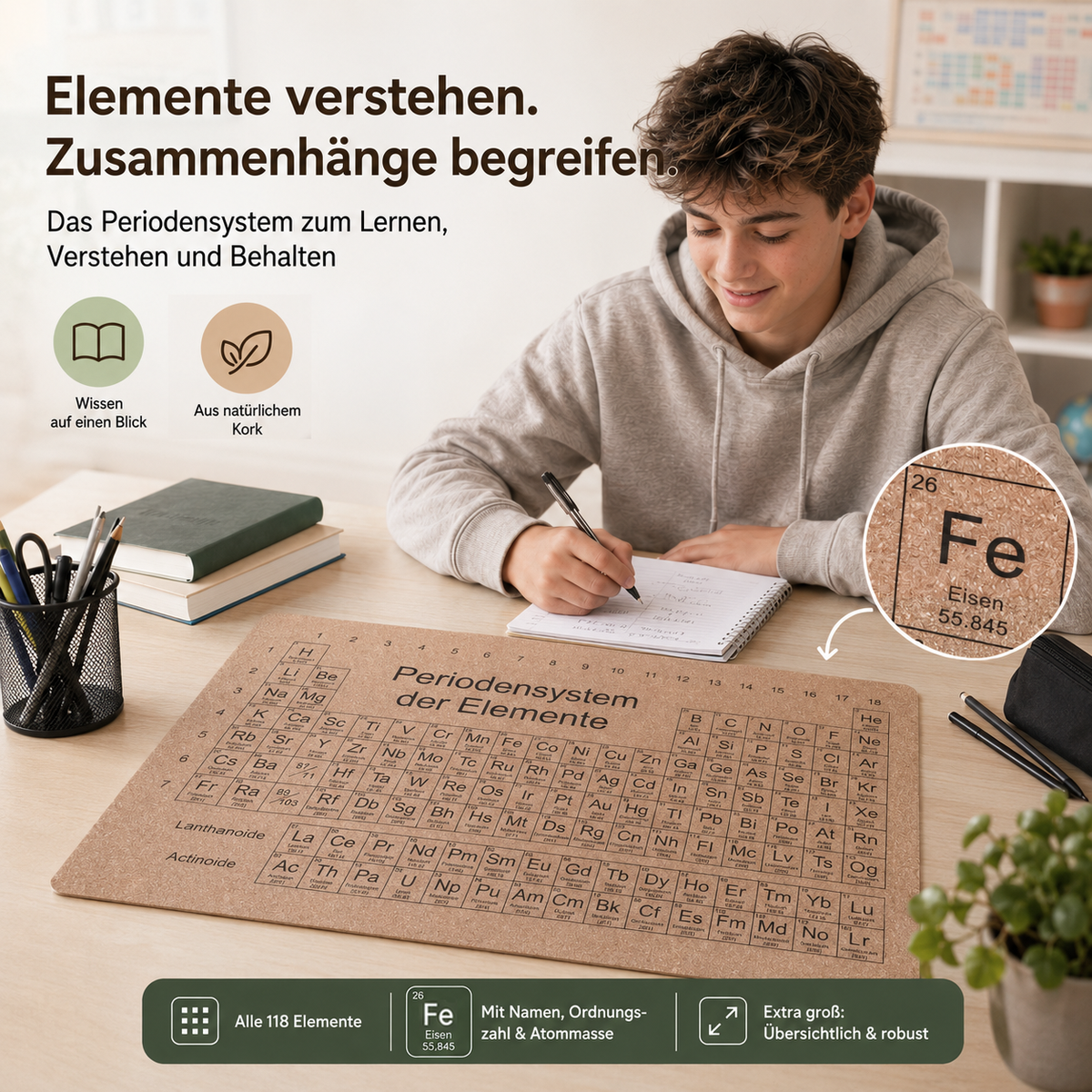 Schüler lernt Chemie mit großer Periodensystem-Schreibtischunterlage aus natürlichem Kork