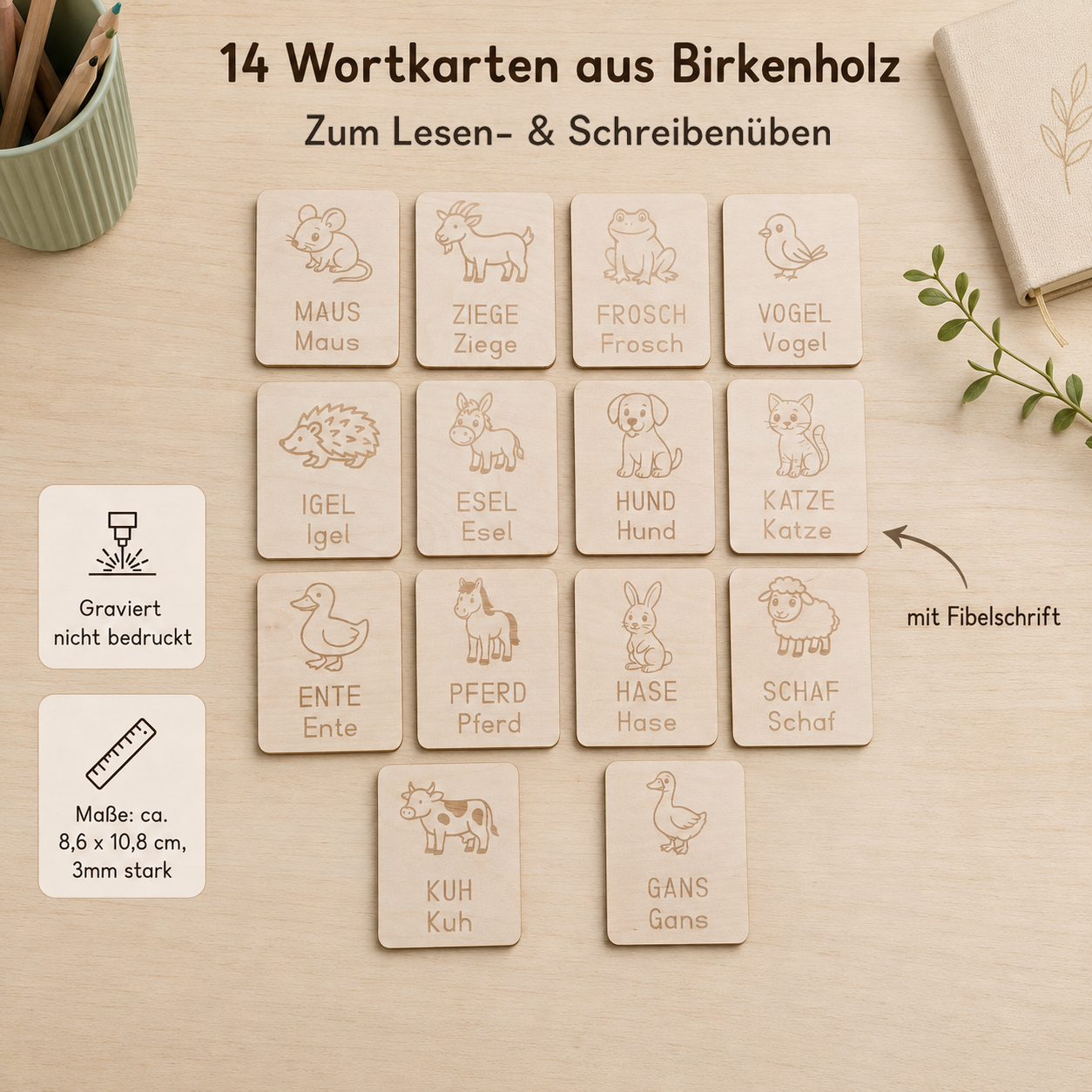 14 Wortkarten aus Birkenholz zum Thema Bauernhof-Tiere mit gravierter Fibel-Schrift für Lese- und Schreibübungen
