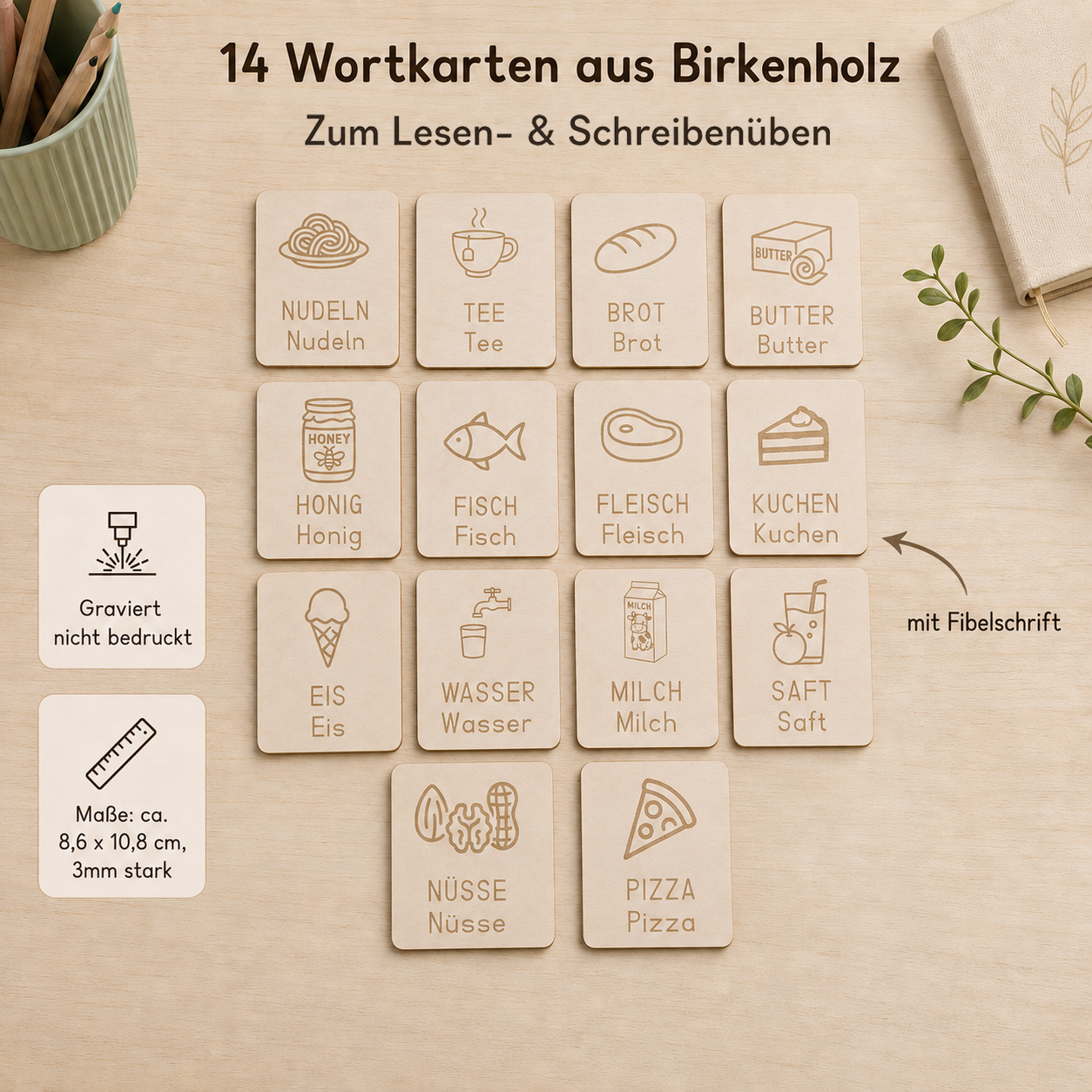 14 Wortkarten aus Birkenholz zum Thema Essen & Trinken mit gravierter Fibel-Schrift für Lese- und Schreibübungen