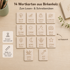 14 Wortkarten aus Birkenholz zum Thema Natur mit gravierter Fibel-Schrift für Lese- und Schreibübungen