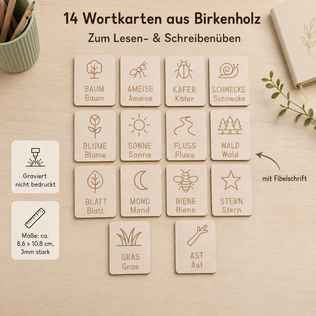 14 Wortkarten aus Birkenholz zum Thema Natur mit gravierter Fibel-Schrift für Lese- und Schreibübungen