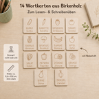 14 Wortkarten aus Birkenholz zum Thema Obst & Gemüse mit gravierter Fibel-Schrift für Lese- und Schreibübungen