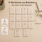 14 Wortkarten aus Birkenholz zum Thema Strand & Meer mit gravierter Fibel-Schrift für Lese- und Schreibübungen