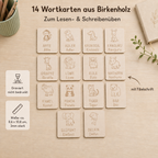 14 Wortkarten aus Birkenholz zum Thema Zoo-Tiere mit gravierter Fibel-Schrift für Lese- und Schreibübungen
