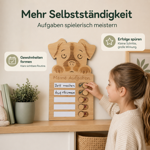 Kind nutzt eine Hund-Aufgabentafel aus Holz zum Abhaken täglicher Aufgaben und Routinen