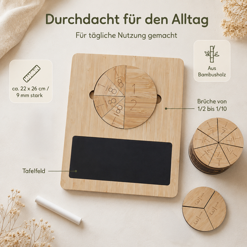 Bruchrechnen-Lernset aus Bambusholz mit Brüchen von 1/2 bis 1/10 und beschreibbarem Tafelfeld