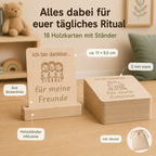 Set mit 18 Dankbarkeitskarten aus Holz mit Holzständer, Beutel und gravierten Botschaften