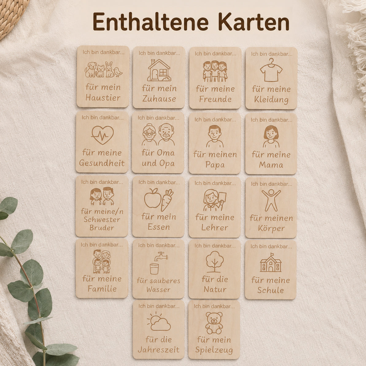 Dankbarkeitskarten aus Birkenholz - Übersicht