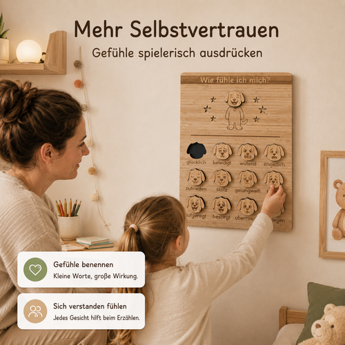 Kind nutzt eine Gefühlstafel Hund aus Holz, um Gefühle spielerisch auszudrücken und zu benennen