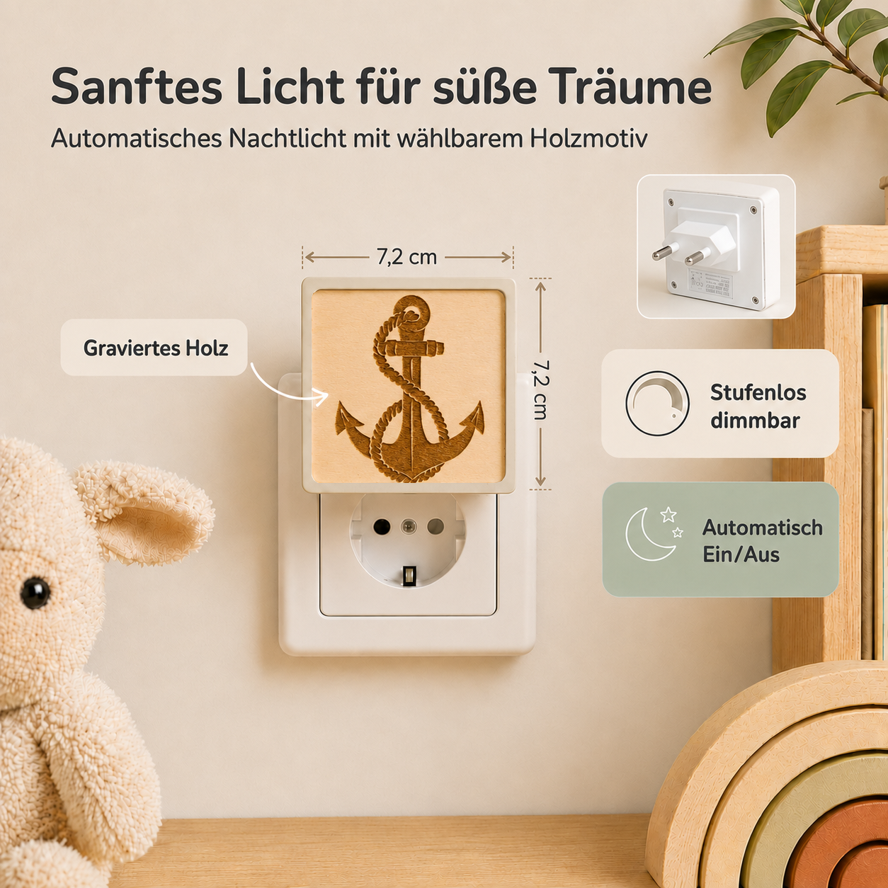 Steckdosen-Nachtlicht mit gravierter Holzfront und Ankermotiv, warmem Licht und Dämmerungssensor.