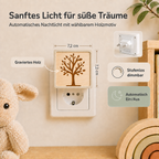 Steckdosen-Nachtlicht mit gravierter Holzfront und Baummotiv, warmem Licht und Dämmerungssensor.