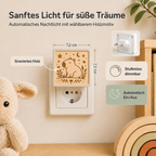 Steckdosen-Nachtlicht mit gravierter Holzfront und Capybara-Motiv, warmem Licht und Dämmerungssensor.