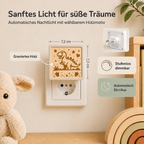 Steckdosen-Nachtlicht mit gravierter Holzfront und Dinosauriermotiv, warmem Licht und Dämmerungssensor.