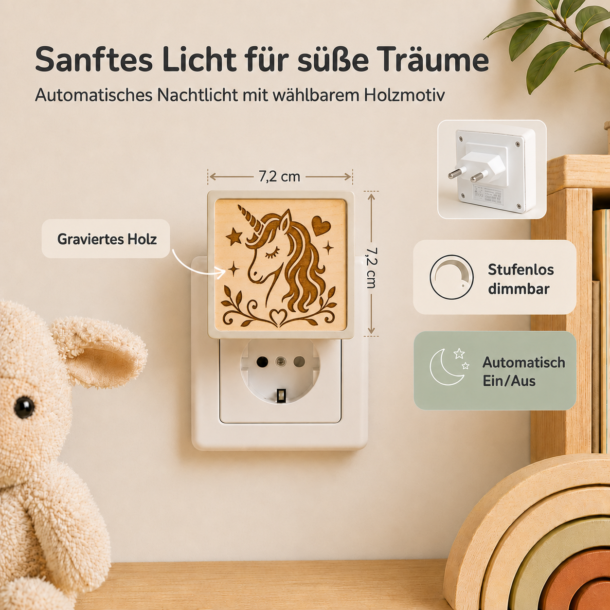Steckdosen-Nachtlicht mit gravierter Holzfront und Einhornmotiv, warmem Licht und Dämmerungssensor.