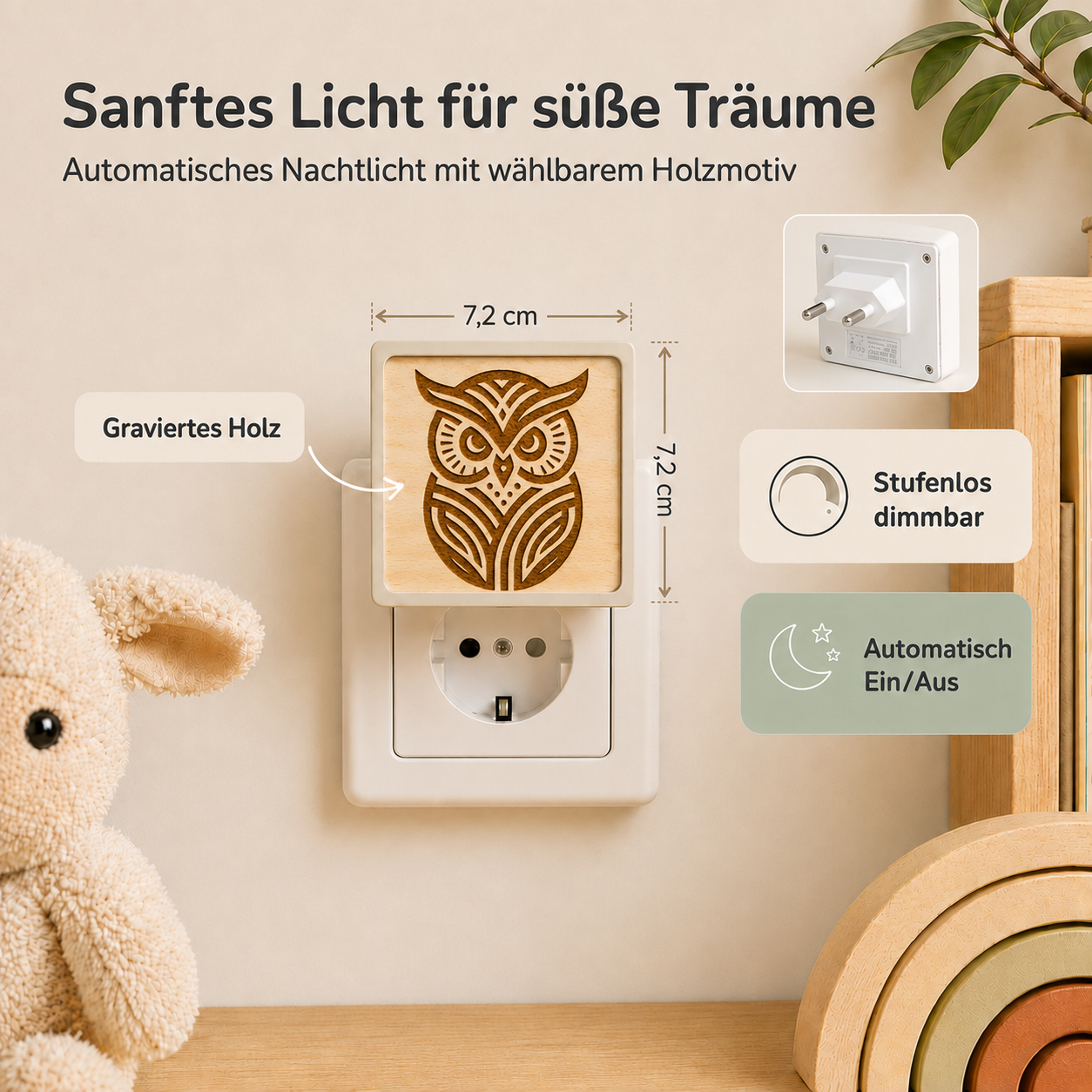 Steckdosen-Nachtlicht mit gravierter Holzfront und Eulenmotiv, warmem Licht und Dämmerungssensor.