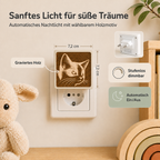 Steckdosen-Nachtlicht mit gravierter Holzfront und Katzenmotiv, warmem Licht und Dämmerungssensor.