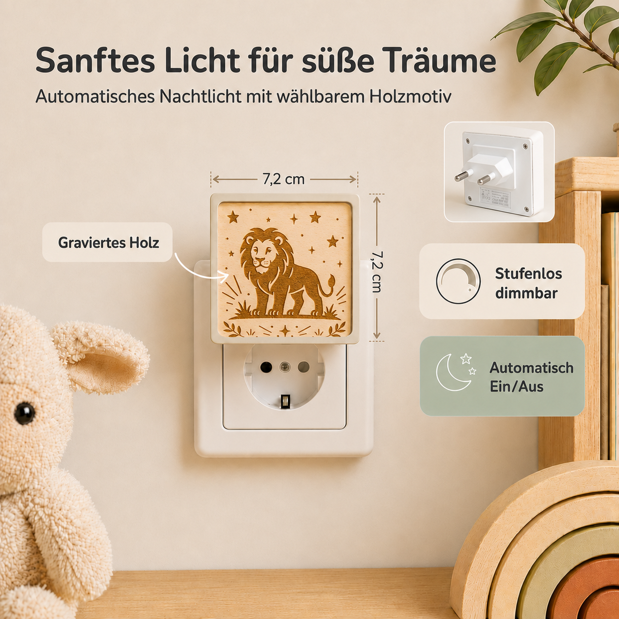 Steckdosen-Nachtlicht mit gravierter Holzfront und Löwenmotiv, warmem Licht und Dämmerungssensor.