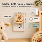 Steckdosen-Nachtlicht mit gravierter Holzfront und Raketenmotiv, warmem Licht und Dämmerungssensor.