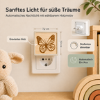 Steckdosen-Nachtlicht mit gravierter Holzfront und Schmetterlingsmotiv, warmem Licht und Dämmerungssensor.