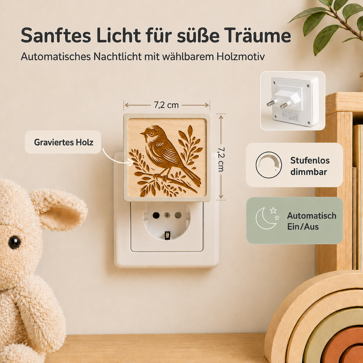 Steckdosen-Nachtlicht mit gravierter Holzfront und Vogelmotiv, warmem Licht und Dämmerungssensor.