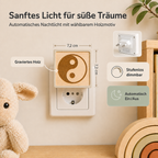 Steckdosen-Nachtlicht mit gravierter Holzfront und Yin-Yang-Motiv, warmem Licht und Dämmerungssensor.