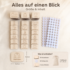 Übersicht zum Kinderzimmer Etiketten Holz Set für Kleidung mit Holzetiketten, Klettpunkten, Stoffbeutel
