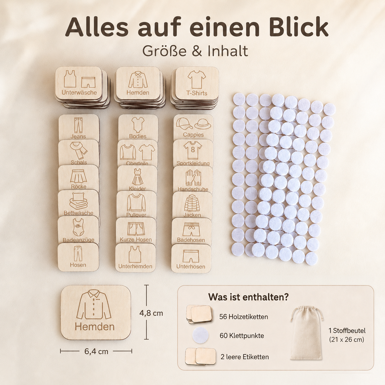 Übersicht zum Kinderzimmer Etiketten Holz Set für Kleidung mit Holzetiketten, Klettpunkten, Stoffbeutel