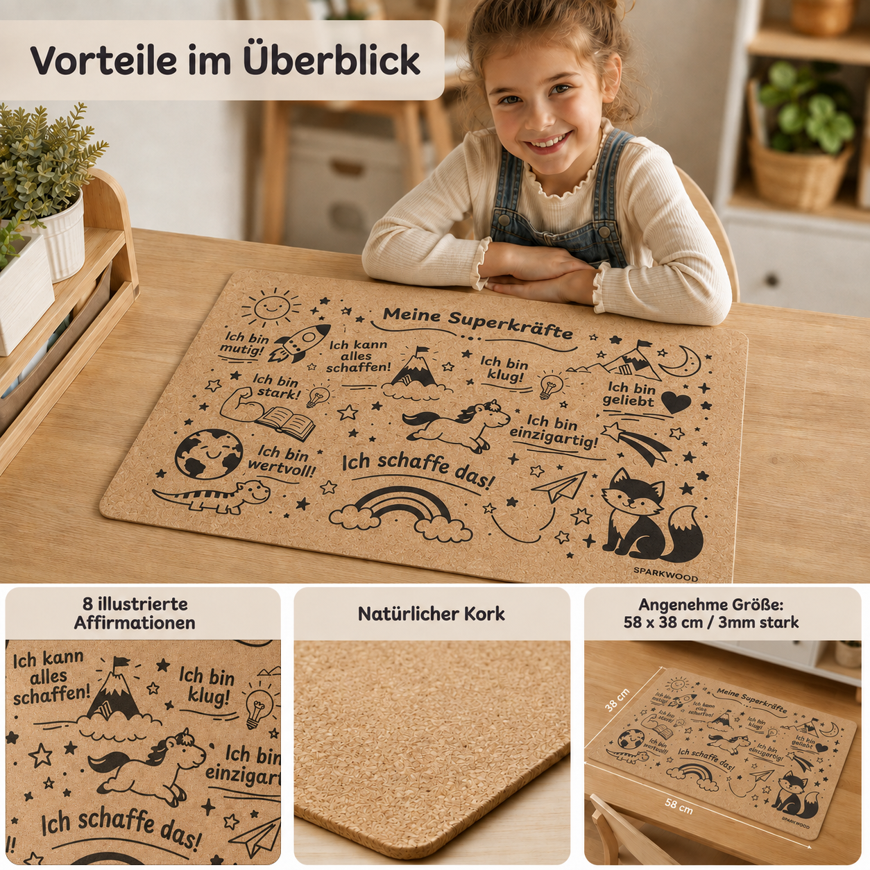 Kork-Schreibtischunterlage mit Kinder-Affirmationen, natürlicher Oberfläche und Größe 58 x 38 cm für den Lernplatz