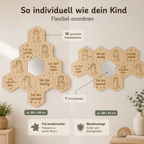 Modularer Mutmach-Spiegel Einhorn in Natur mit 10 gravierten Holzelementen, Acrylspiegel und frei kombinierbarer Wandgestaltung