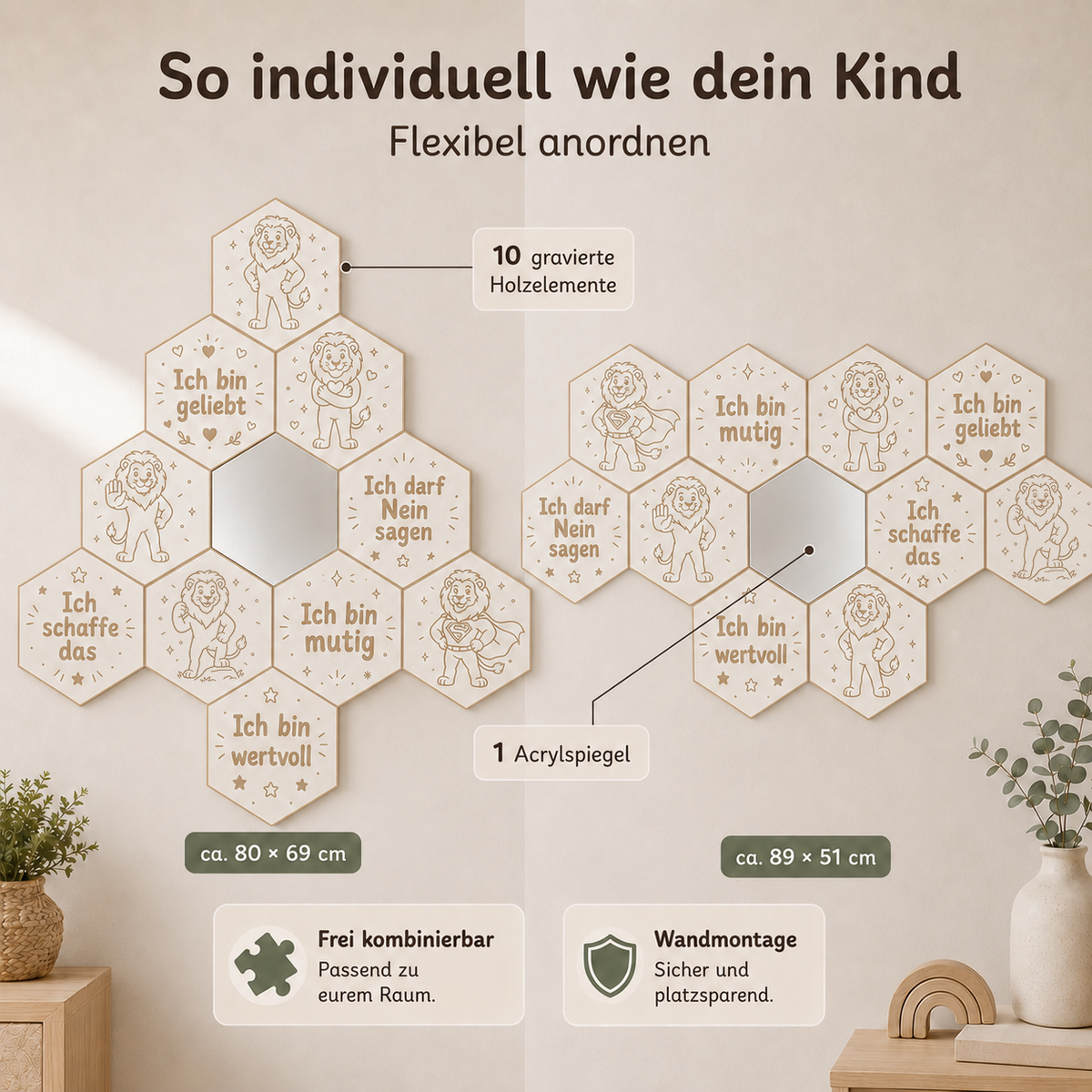 Modularer Mutmach-Spiegel Löwe in weiß mit 10 gravierten Holzelementen, Acrylspiegel und frei kombinierbarer Wandgestaltung