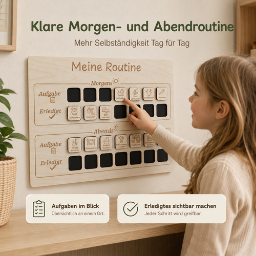 Kind nutzt eine Routinetafel aus Holz für klare Morgen- und Abendroutine