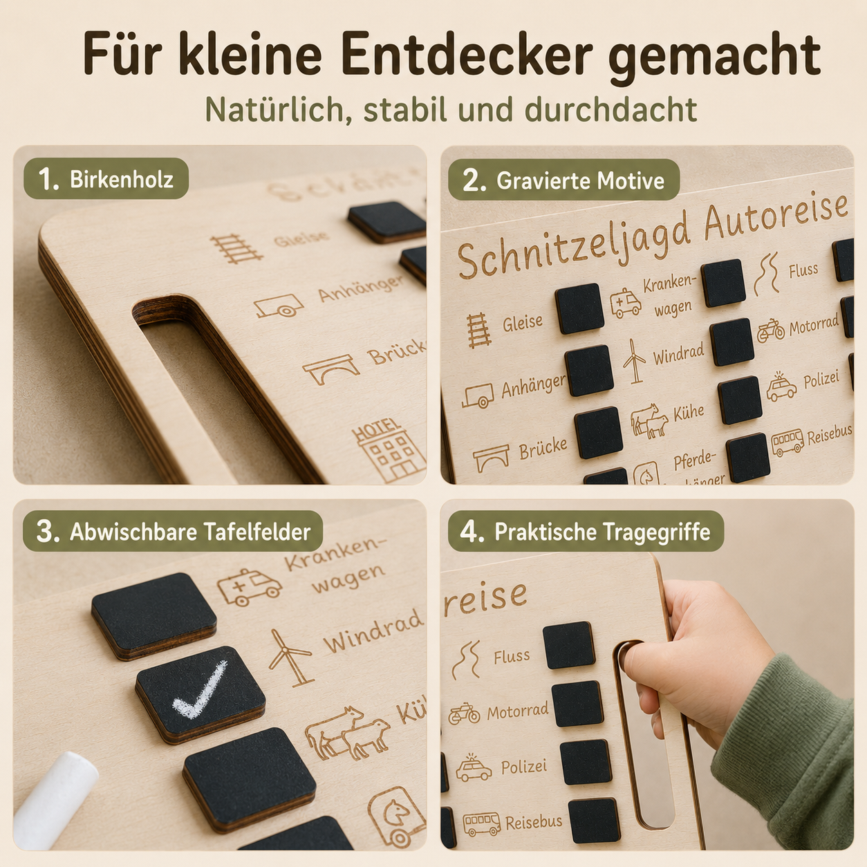 Detailansichten der Schnitzeljagd Autoreise aus Birkenholz mit gravierten Motiven, abwischbaren Tafelfeldern und Tragegriffen.