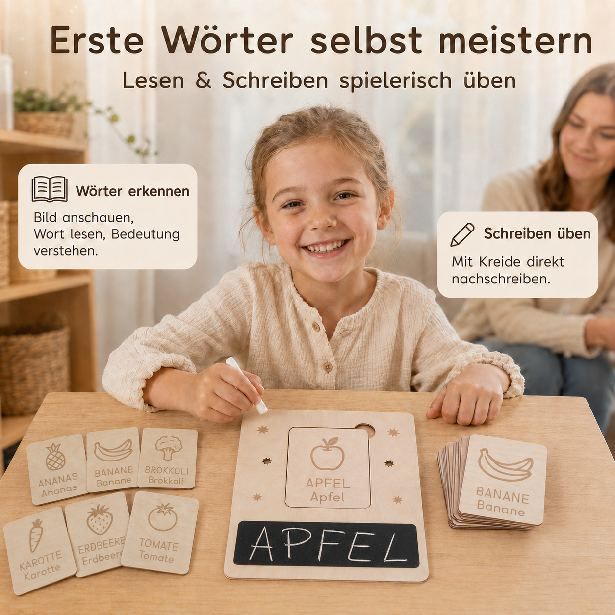 Mädchen übt erste Wörter mit Lernbrett, Kreide und gravierter Wortkarte aus Birkenholz