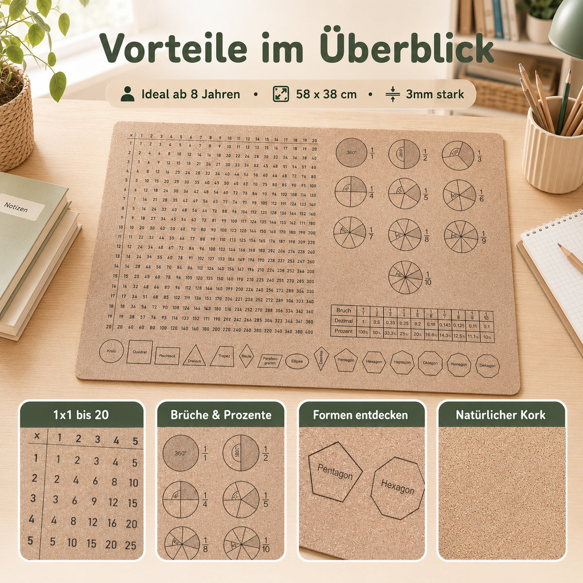 Kork-Schreibtischunterlage für Kinder mit 1x1 bis 20, Brüchen, Prozenten, Formen und natürlicher rutschhemmender Oberfläche