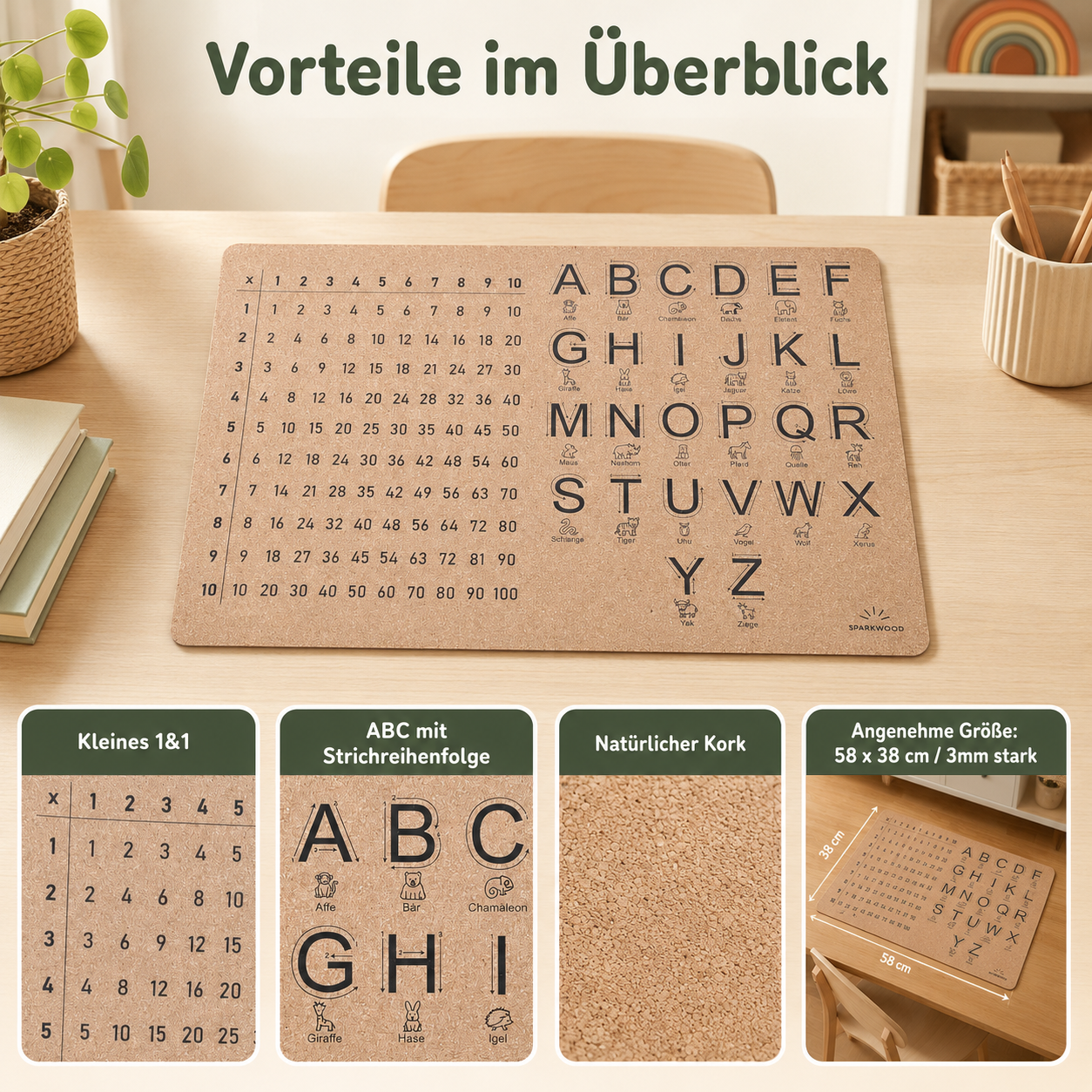 Kork-Schreibtischunterlage für Kinder mit kleinem 1x1, ABC mit Strichreihenfolge, Tiermotiven und Format ca. 58 × 38 cm