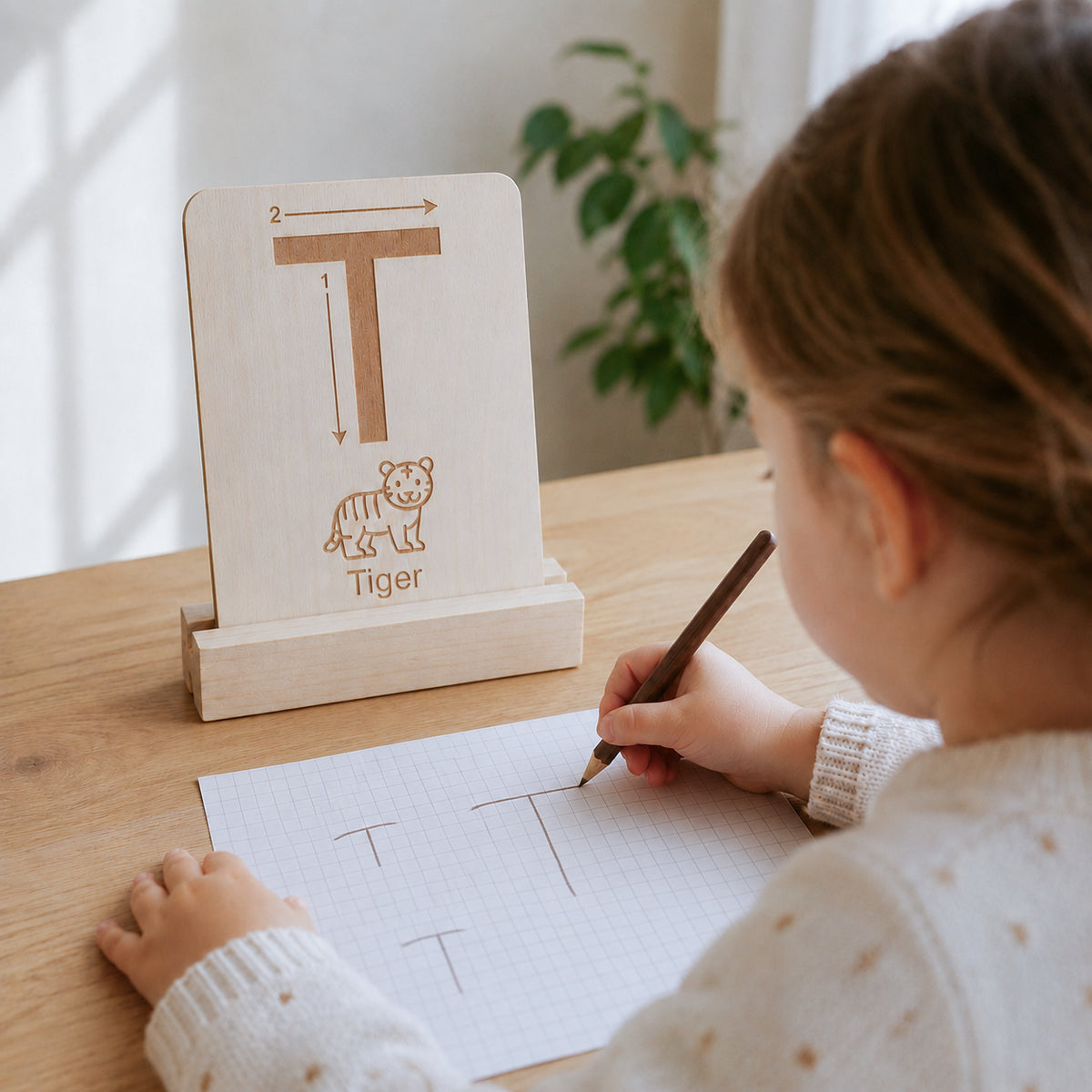 Kind übt erste Schreibbewegungen mit einer sensorischen Buchstabenkarte aus Holz und schreibt den Buchstaben T auf Papier