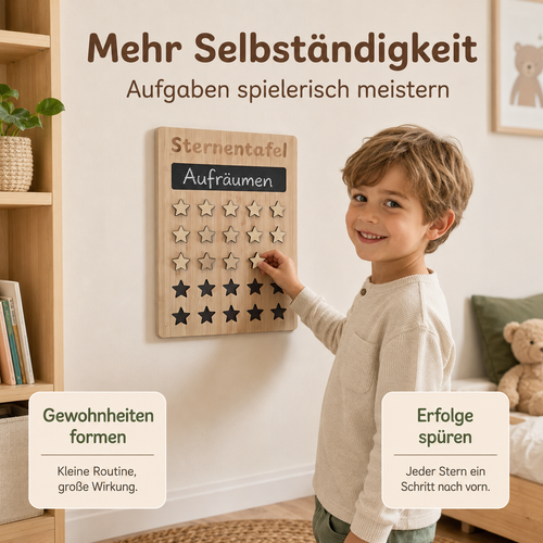 Kind setzt einen Stern auf eine Sternentafel aus Holz und sammelt Punkte für erledigte Aufgaben