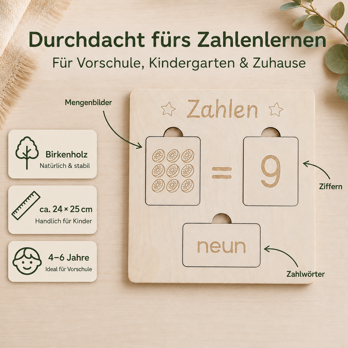 Holz-Lernbrett für Zahlen mit Mengendarstellung, Ziffern und Zahlwörter zum spielerischen Zuordnen