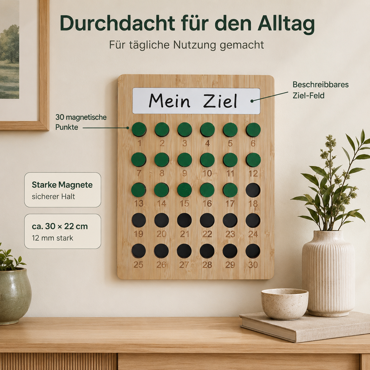 Holz-Habit-Tracker an der Wand mit 30-Tage-Plan, 30 Magneten und beschreibbarem Zielfeld