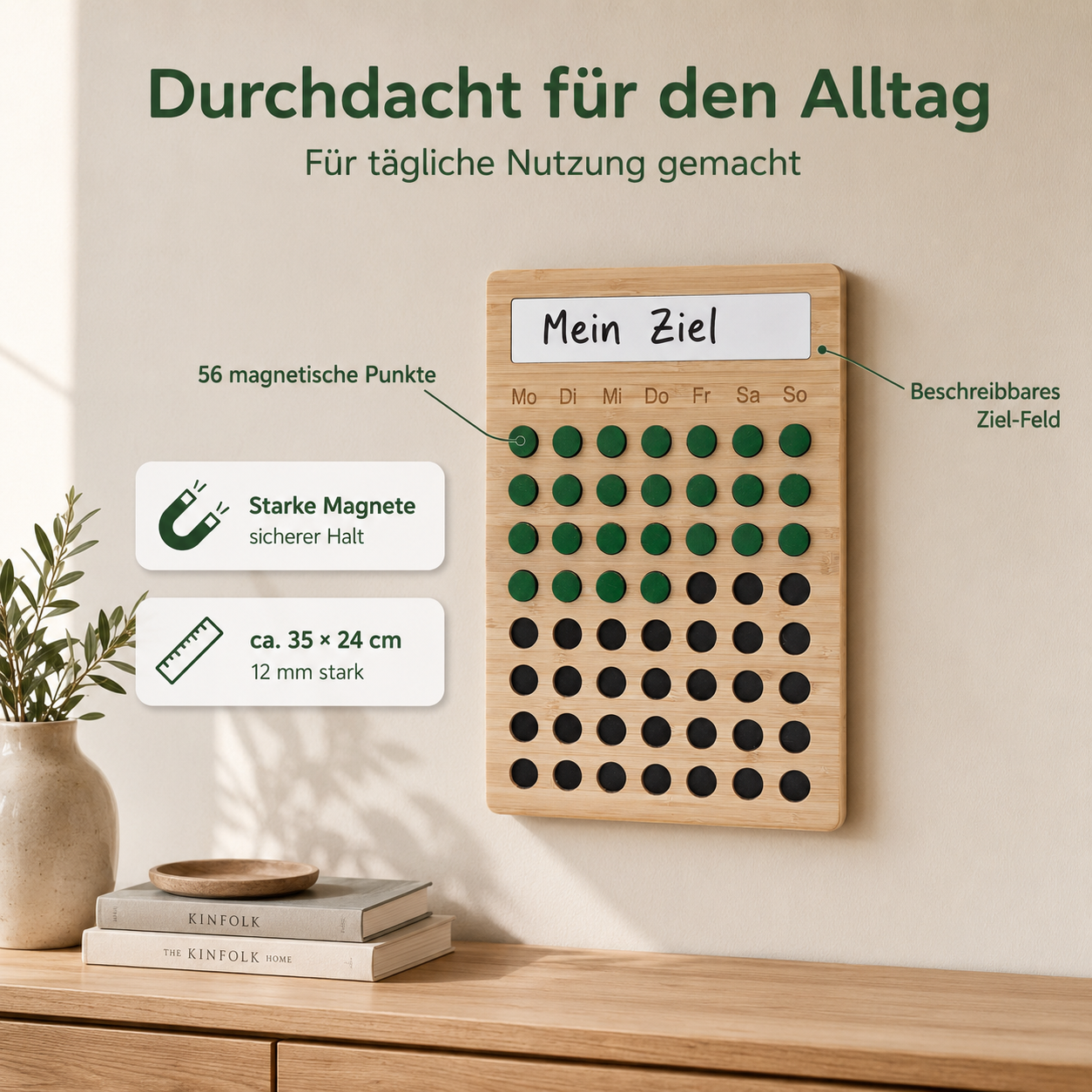 Holz-Habit-Tracker an der Wand mit 8-Wochen-Plan, 56 Magneten und Zielfeld