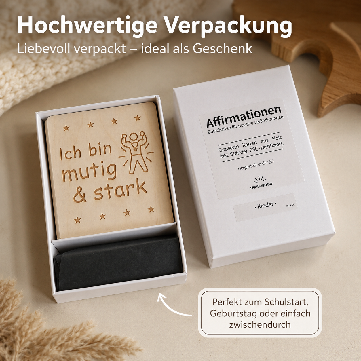 Affirmationskarten aus Holz für Kinder in hochwertiger Geschenkbox mit Holzständer