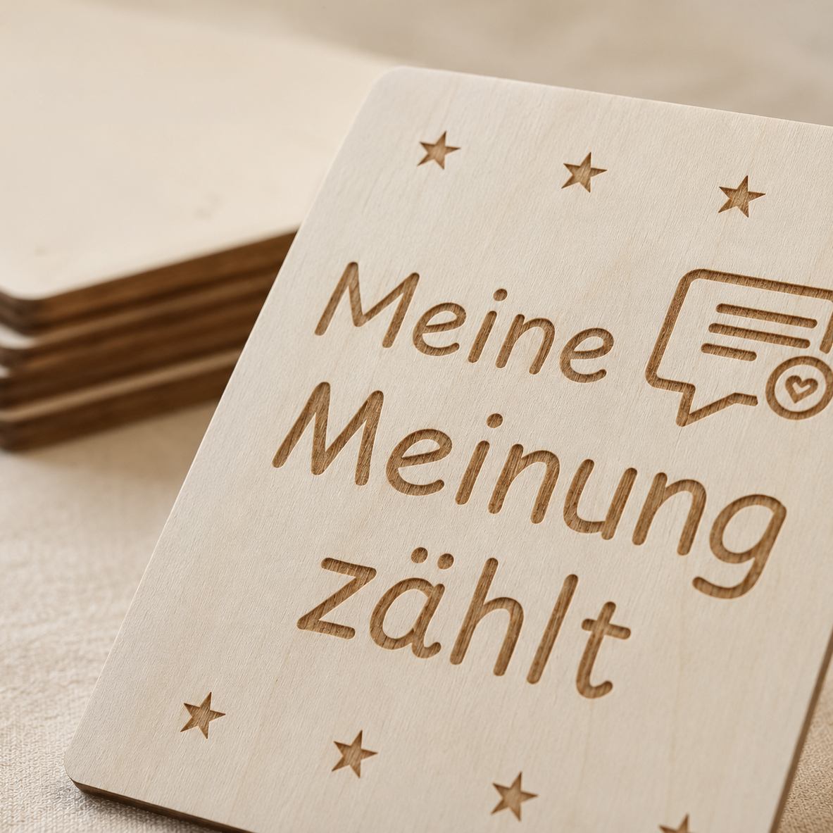 Detailansicht einer gravierten Affirmationskarte aus Birkenholz mit positiver Botschaft für Kinder