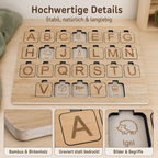 Detailansicht des Alphabet Puzzles aus Bambus und Birkenholz mit gravierten Buchstaben, Bildern und Begriffen