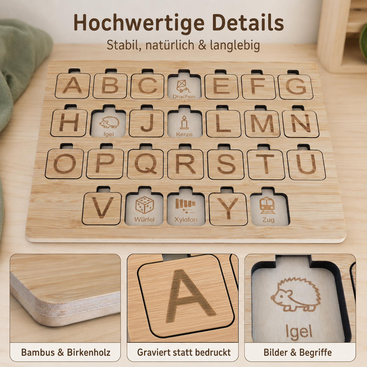 Detailansicht des Alphabet Puzzles aus Bambus und Birkenholz mit gravierten Buchstaben, Bildern und Begriffen